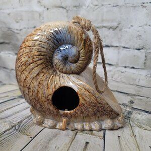 Ceramic Sea Shell Hanging Bird Feeder House Beach Decor Brown Blue 7 x 7 x 4.5"